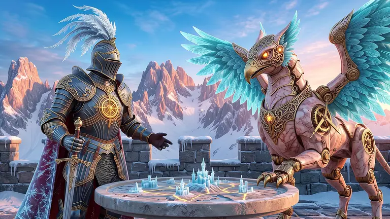 Cavaliere Brinor Vael e Dama Velia Sbrina sul bastione alpino della Rocca all'alba, attorno a un tavolo tattico scolpito nella pietra e nella brina cristallina.